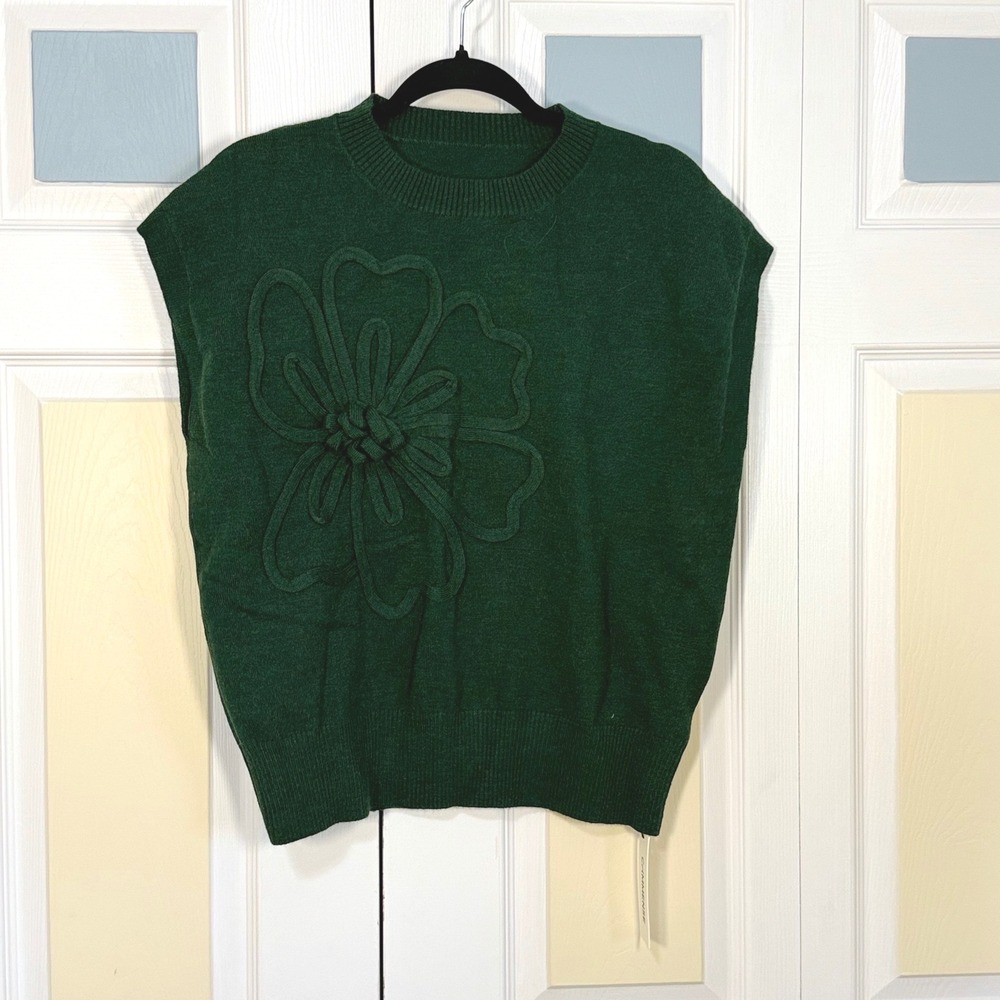 Commense Womens Dark Green 3D Floral Applique Knit Sweater Vest Large NWT